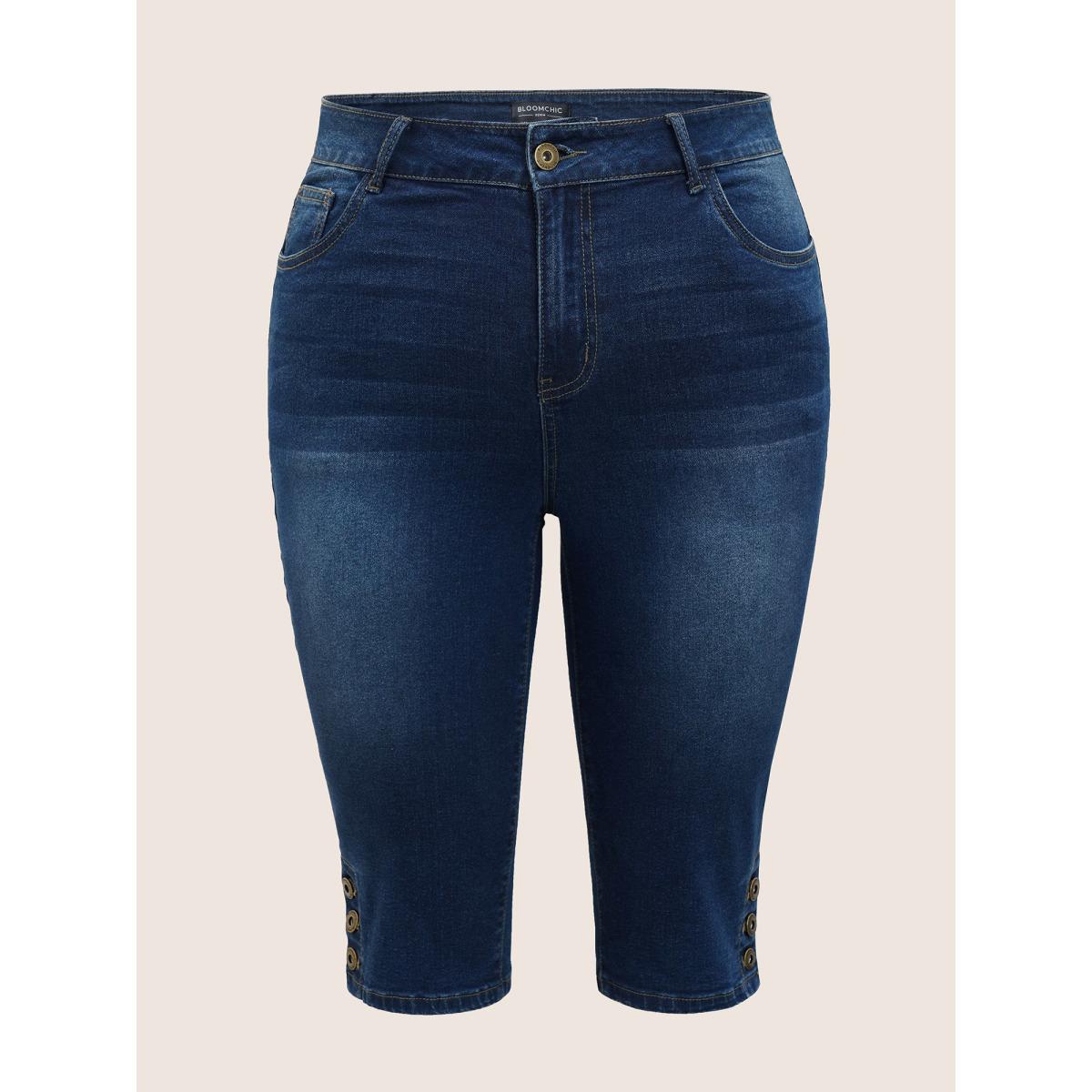 Plus Size High stretch Dark Wash Button Hem Cropped Jeans Women Blue Elegant Button High stretch Slanted pocket Jeans BloomChic 18/2X Product Image