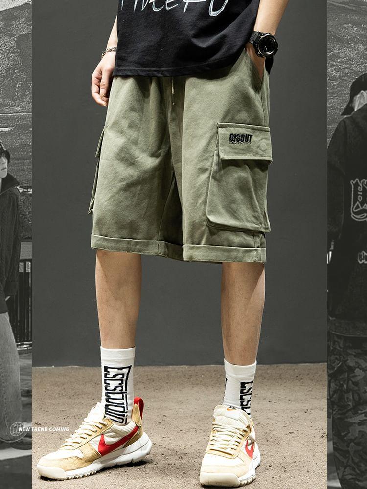 Mid Rise Letter Embroidered Cargo Shorts Product Image