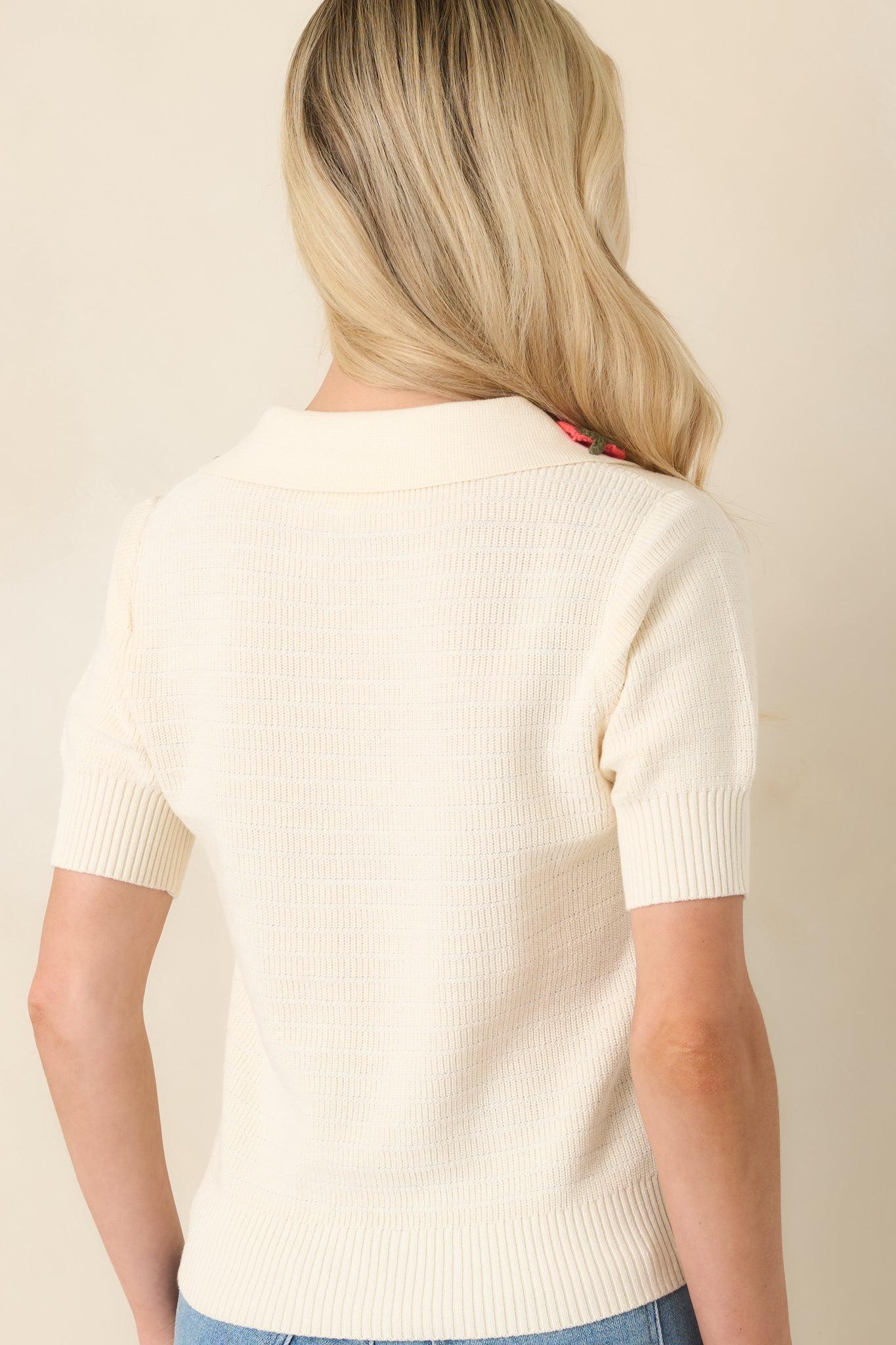 La Dolce Vita Ivory Embroidered Fruit Collar Sweater Product Image