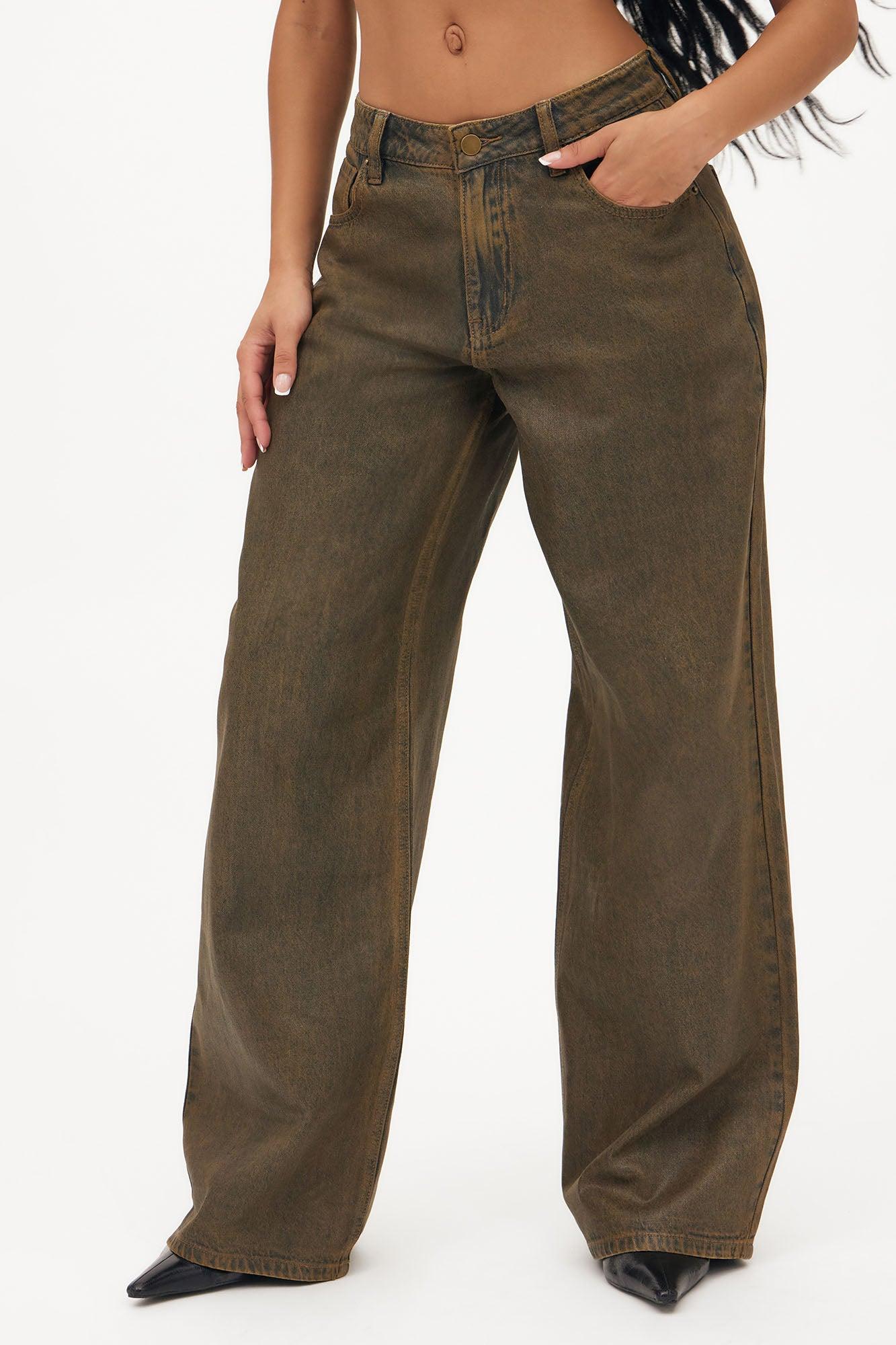 Play It Off Coated Wide Leg Jeans - Brown Product Image