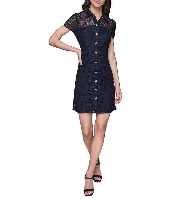 KARL LAGERFELD PARIS Lace Point Collar Neck Short Sleeve Button Front Shirt Mini Dress Product Image