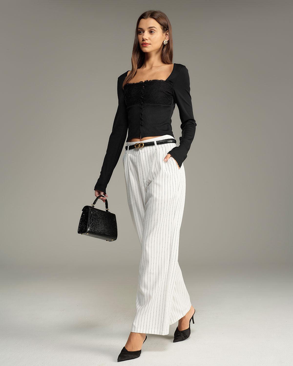 Black Square Neck Button Slim Tee Product Image