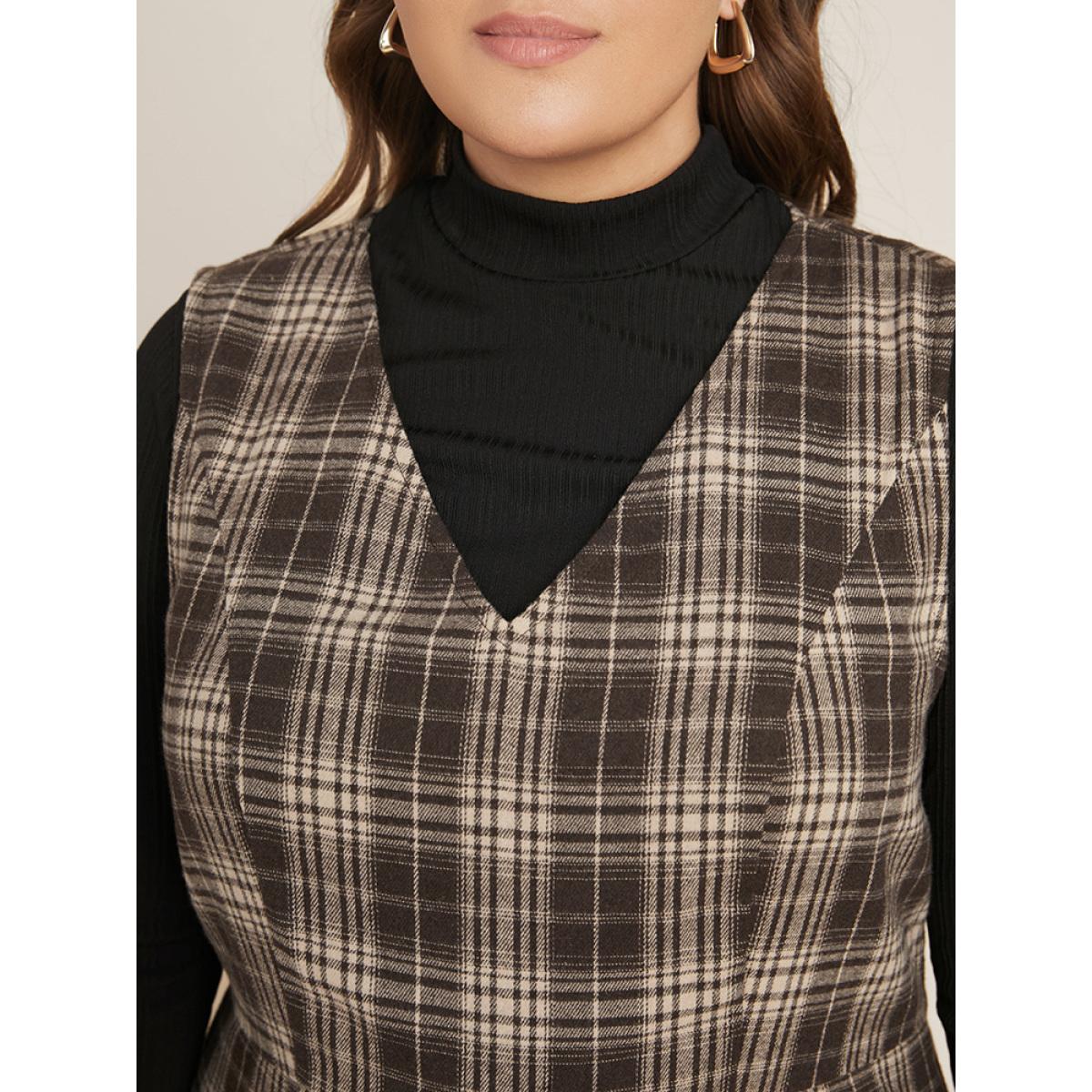 Plus Size Plaid Sleeveless Button Detail Dress Without Sweater DarkBrown Women Office Button V-neck Sleeveless Curvy Midi Dress BloomChic 26/4X Product Image