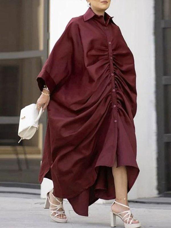 Long Sleeves Loose Buttoned Pleated Solid Color Lapel Maxi Dresses Shirt Dress Product Image