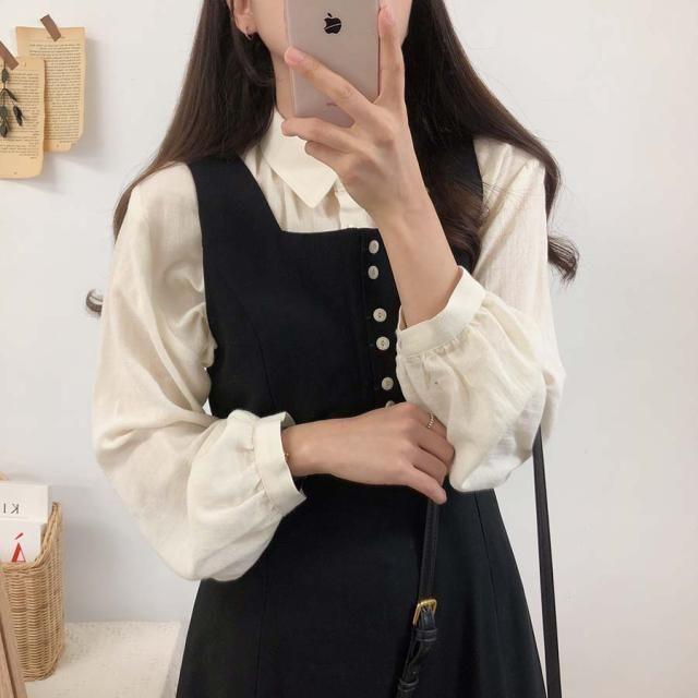 Plain Long-Sleeve Blouse / Midi A-Line Overall Dress Product Image