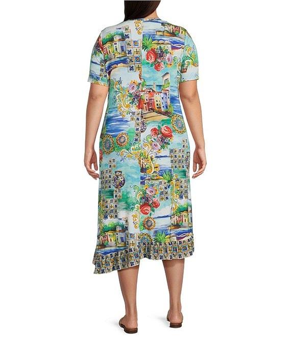 JOHNNY WAS Plus Janie Favorite Scenic Print Knit Crew Neck Short Sleeve Asymmetrical Hem Midi Dress Product Image