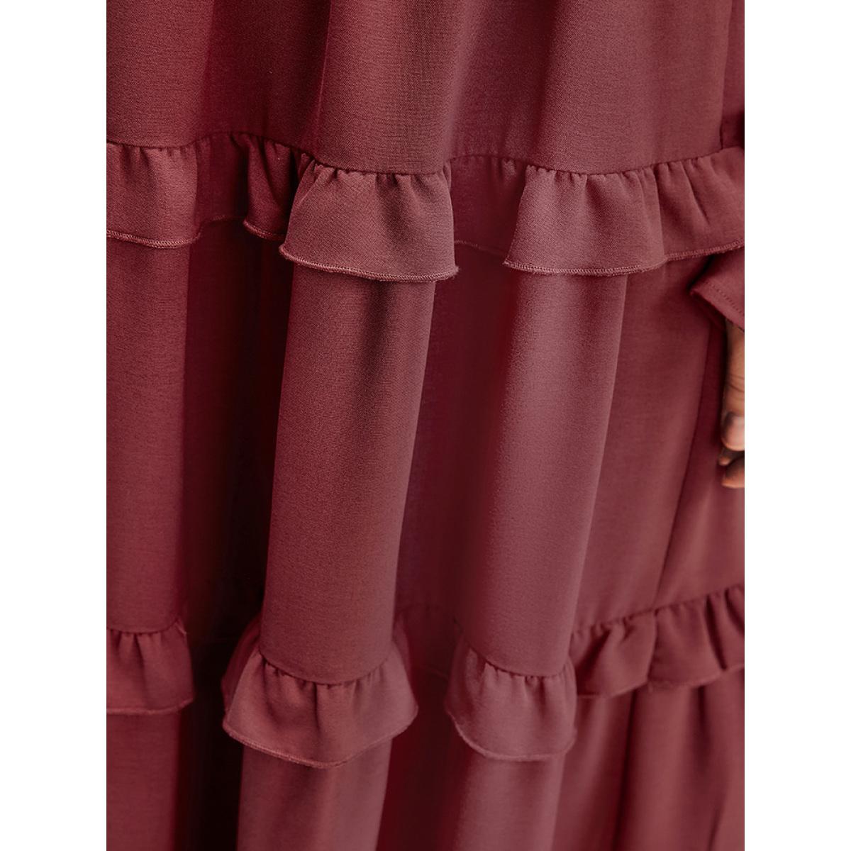 Plus Size Solid Lantern Sleeve Pocket Ruffle Hem Dress Russet Women Elegant V-neck Long Sleeve Curvy Long Dress BloomChic 12/L Product Image