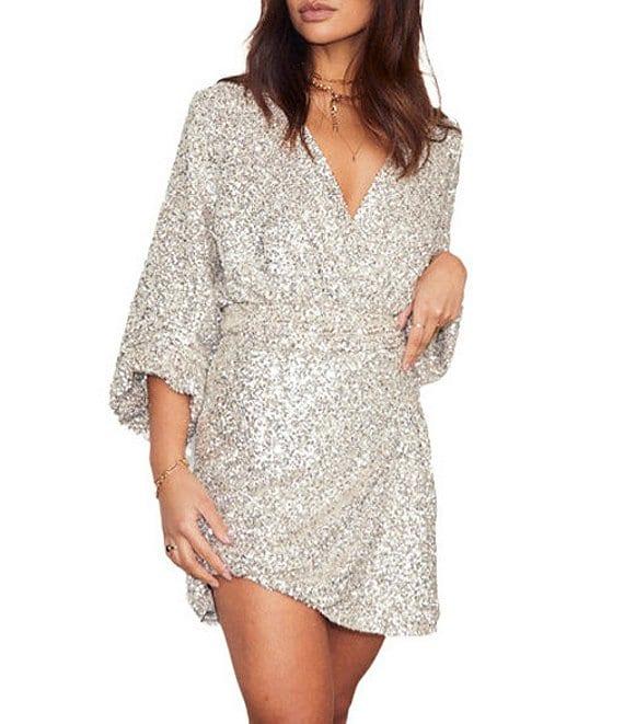 Never Fully Dressed Vienna Sequin V-Neck Long Sleeve Wrap Tie Mini Dress Product Image