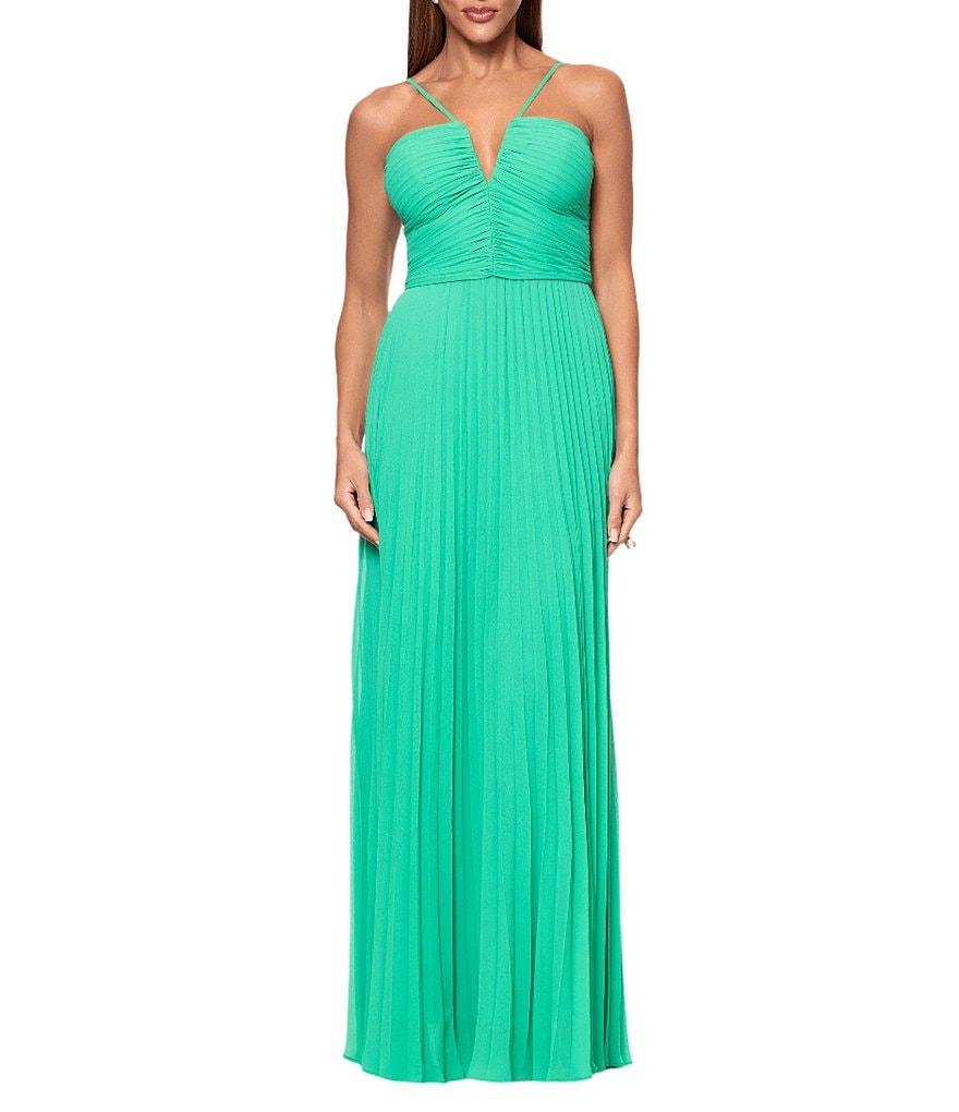 Xscape Pleated Chiffon Split V-Neck Sleeveless A-Line Gown Product Image