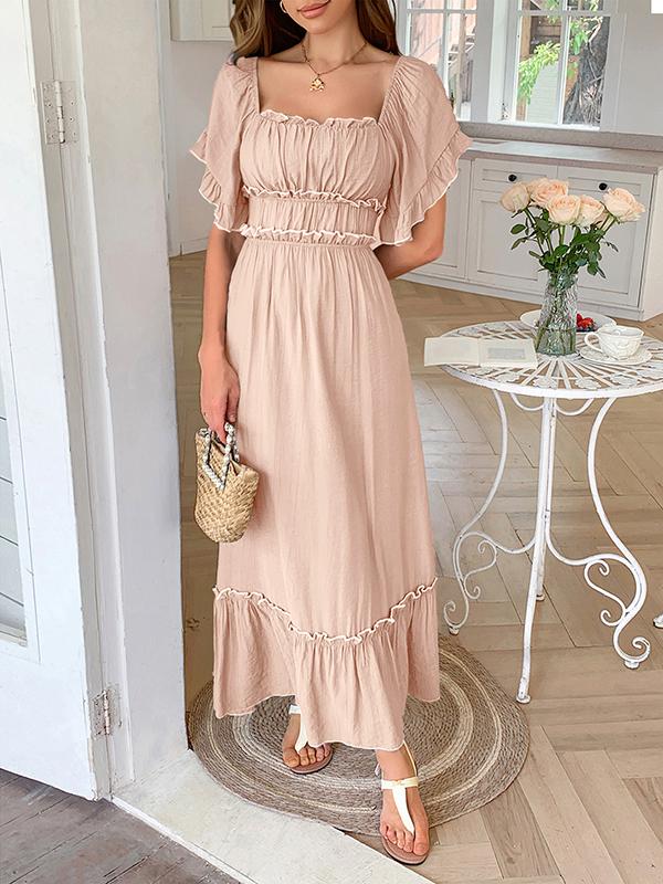 A-Line High Waisted Pleated Ruffle Trim Split-Joint Zipper Square-Neck Midi Dresses Product Image