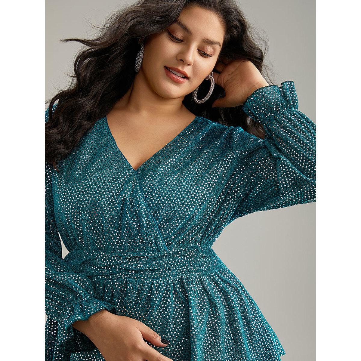 Plus Size Emerald Sequin Wrap Ruffles Ruched Lantern Sleeve Blouse Women Glamour Long Sleeve V-neck Festival-Christmas Blouses BloomChic 12/L Product Image