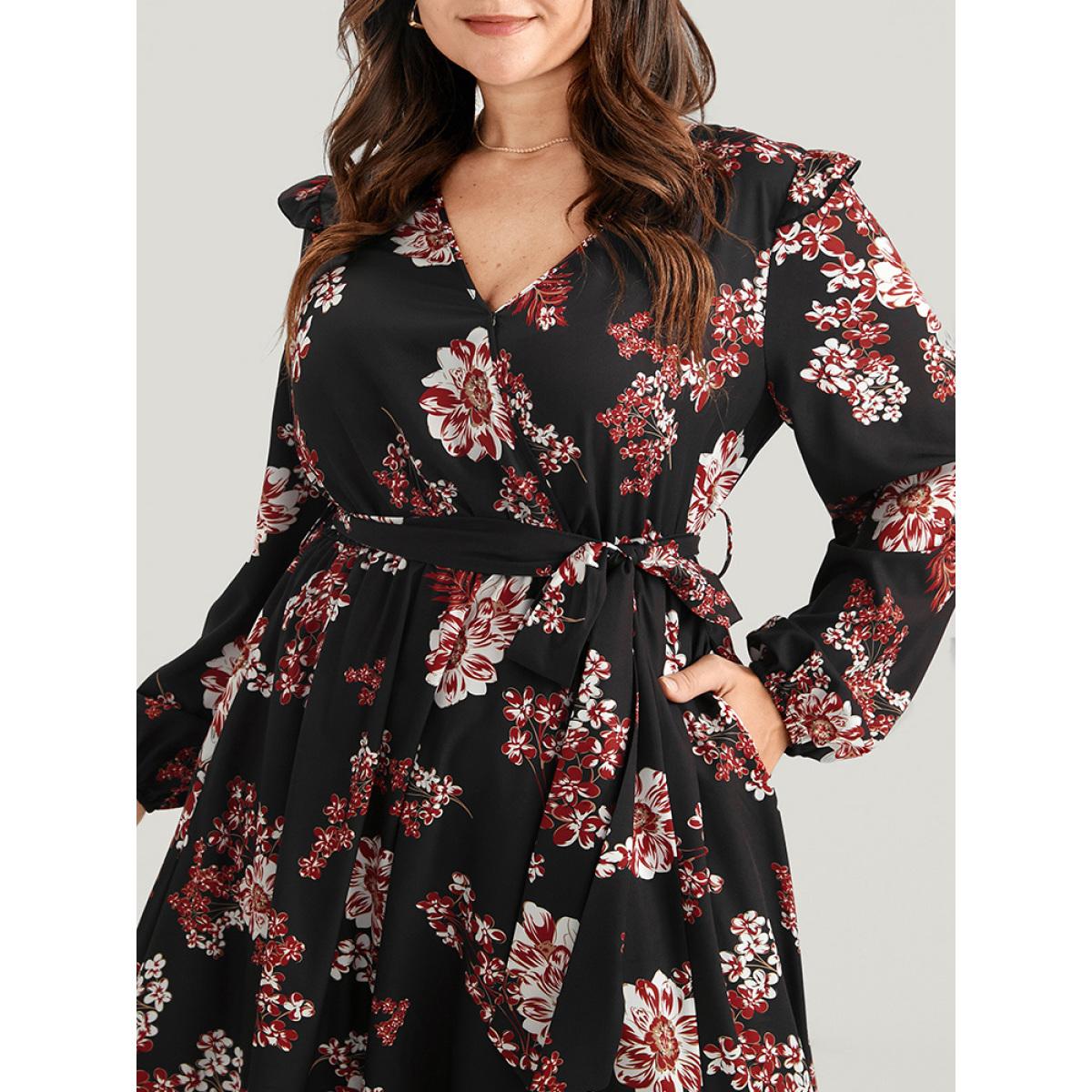 Plus Size Floral Belted Wrap Pocket Lantern Sleeve Split Flutter Dress Black Women Elegant Pocket V-neck Long Sleeve Curvy Midi Dress BloomChic 28/5X Product Image