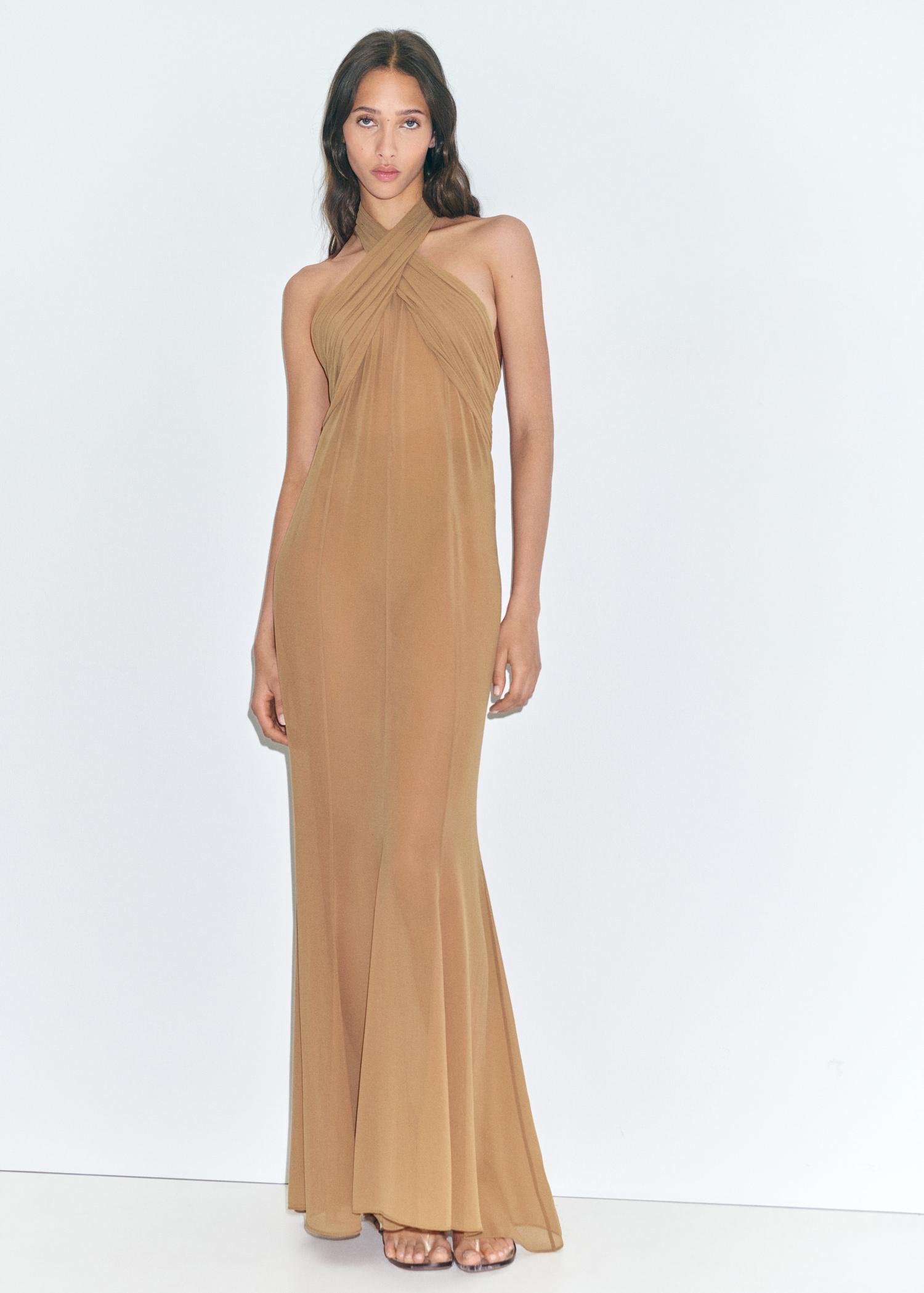 Long semi-transparent dress with crossed neckline - Women | MANGO USA Product Image
