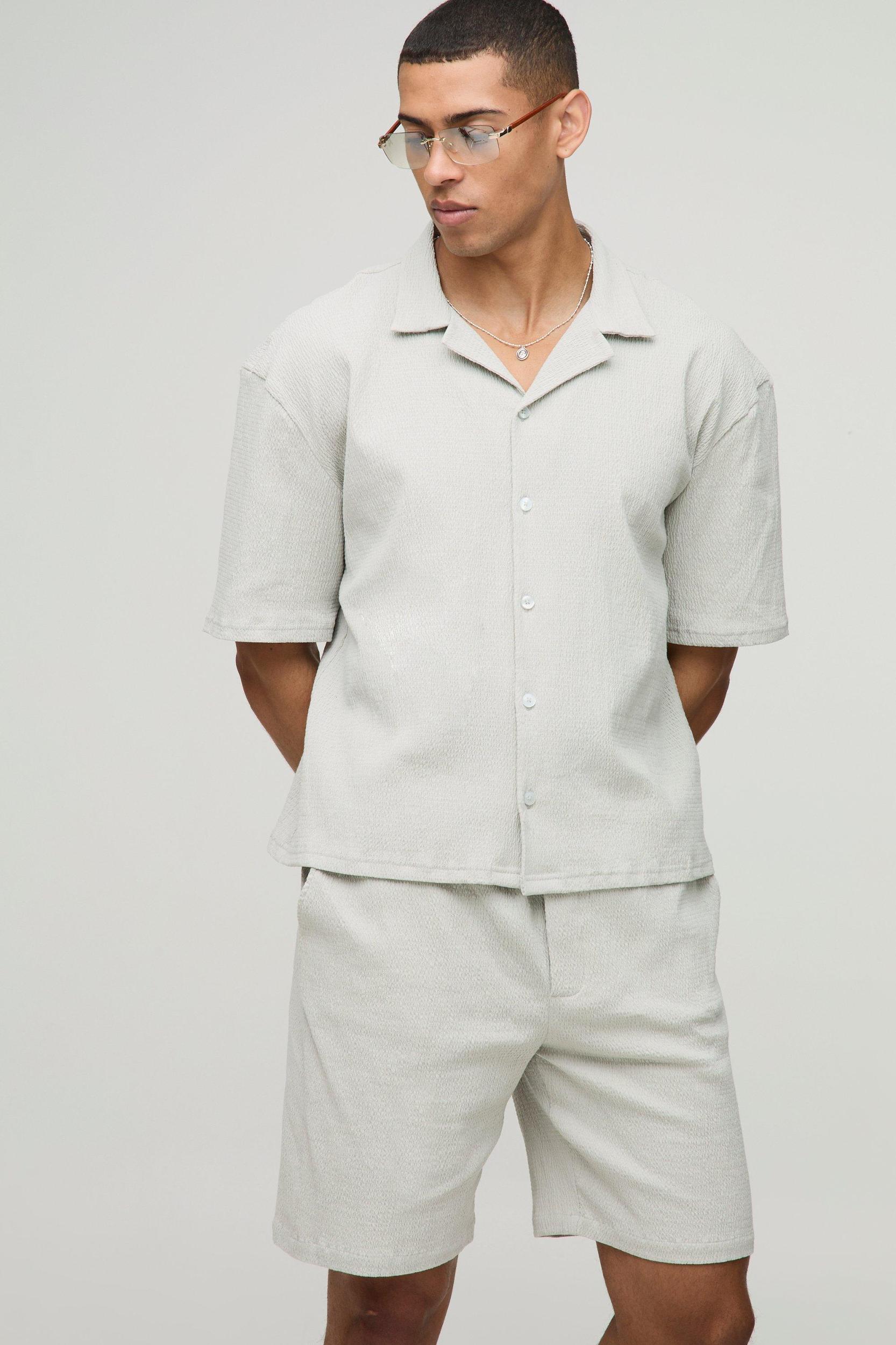Oversized Boxy Seersucker Crinkle Shirt & Short Set | boohooMAN USA Product Image