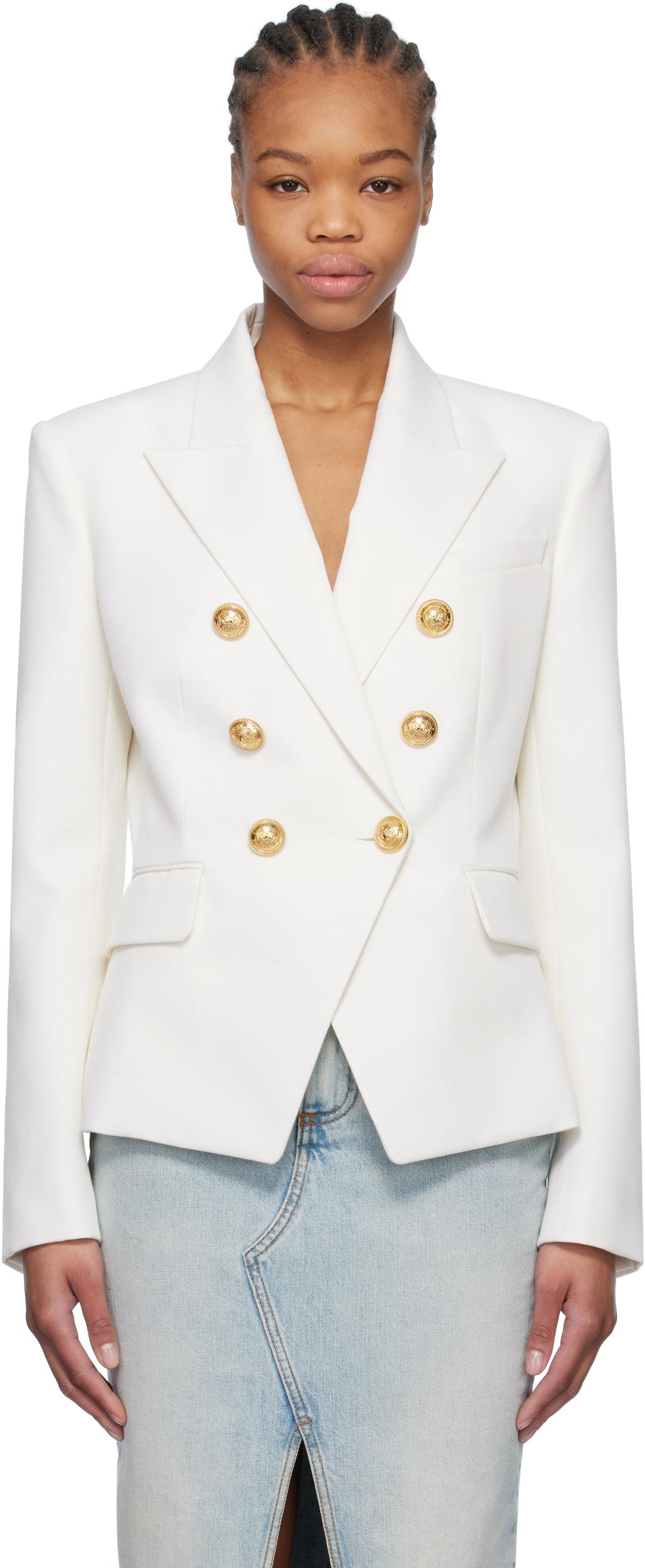 BALMAIN Double-breasted Structured Denim Blazer With Peak Lapel In White Product Image