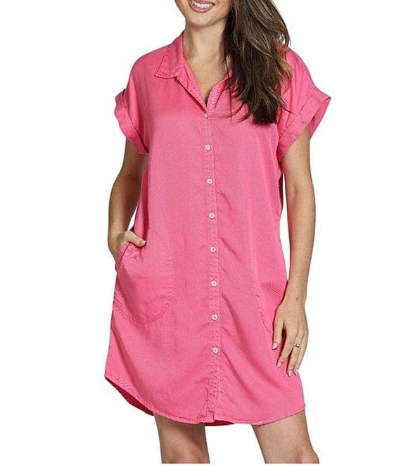 APNY Woven V-Neck Short Sleeve Button Front Shirt Dress Product Image