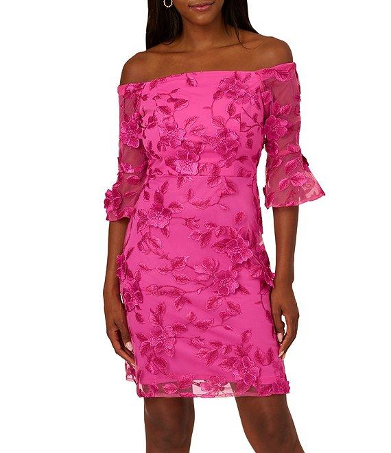 Adrianna Papell Knit Off-The-Shoulder Bell Sleeve Embroidered 3D Floral Sheath Dress Product Image