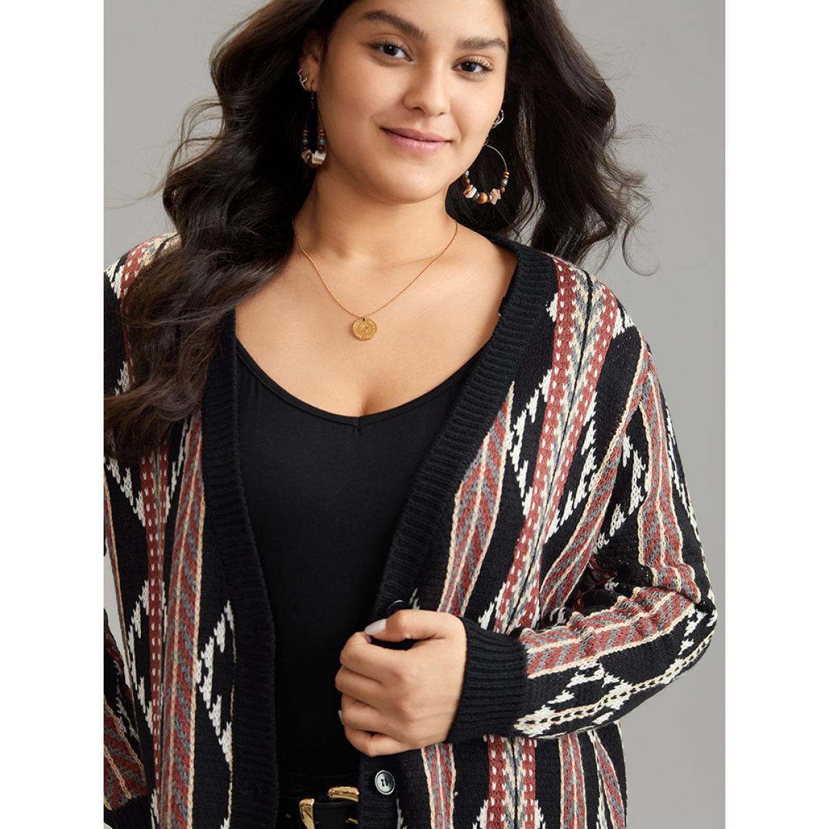 Plus Size Bandana Print Button Down Patched Pocket Tunic Cardigan Multicolor Women Casual Loose Long Sleeve Dailywear Cardigans BloomChic 18-20/2X Product Image