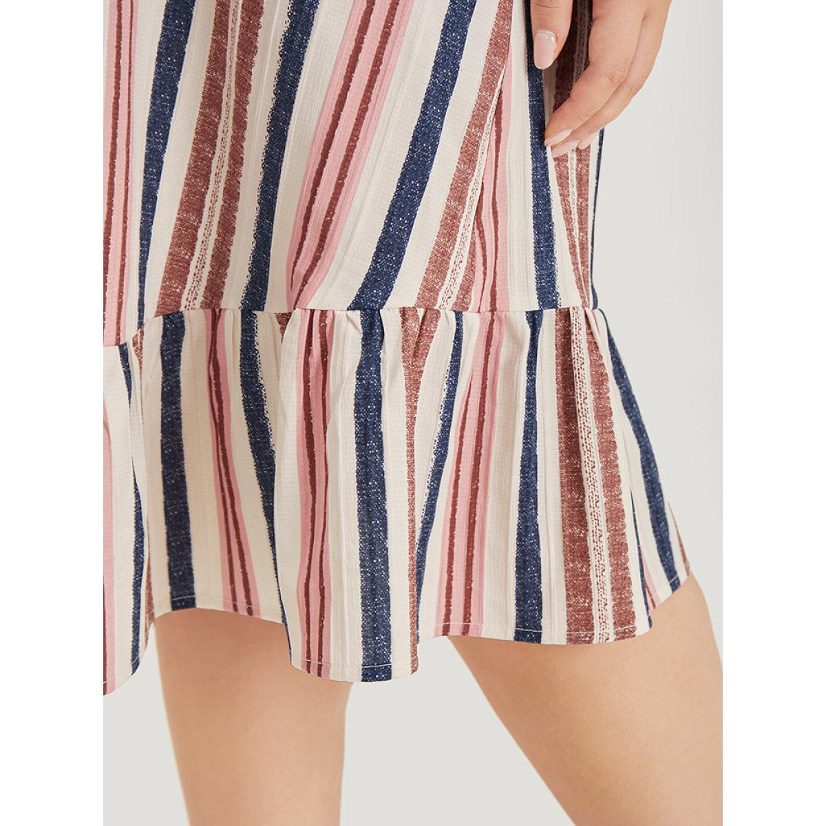 Plus Size Striped Button Detail Pocket Ruffle Hem Dress Multicolor Women Vacation Gathered V-neck Short sleeve Curvy Knee Dress BloomChic 10/M Product Image