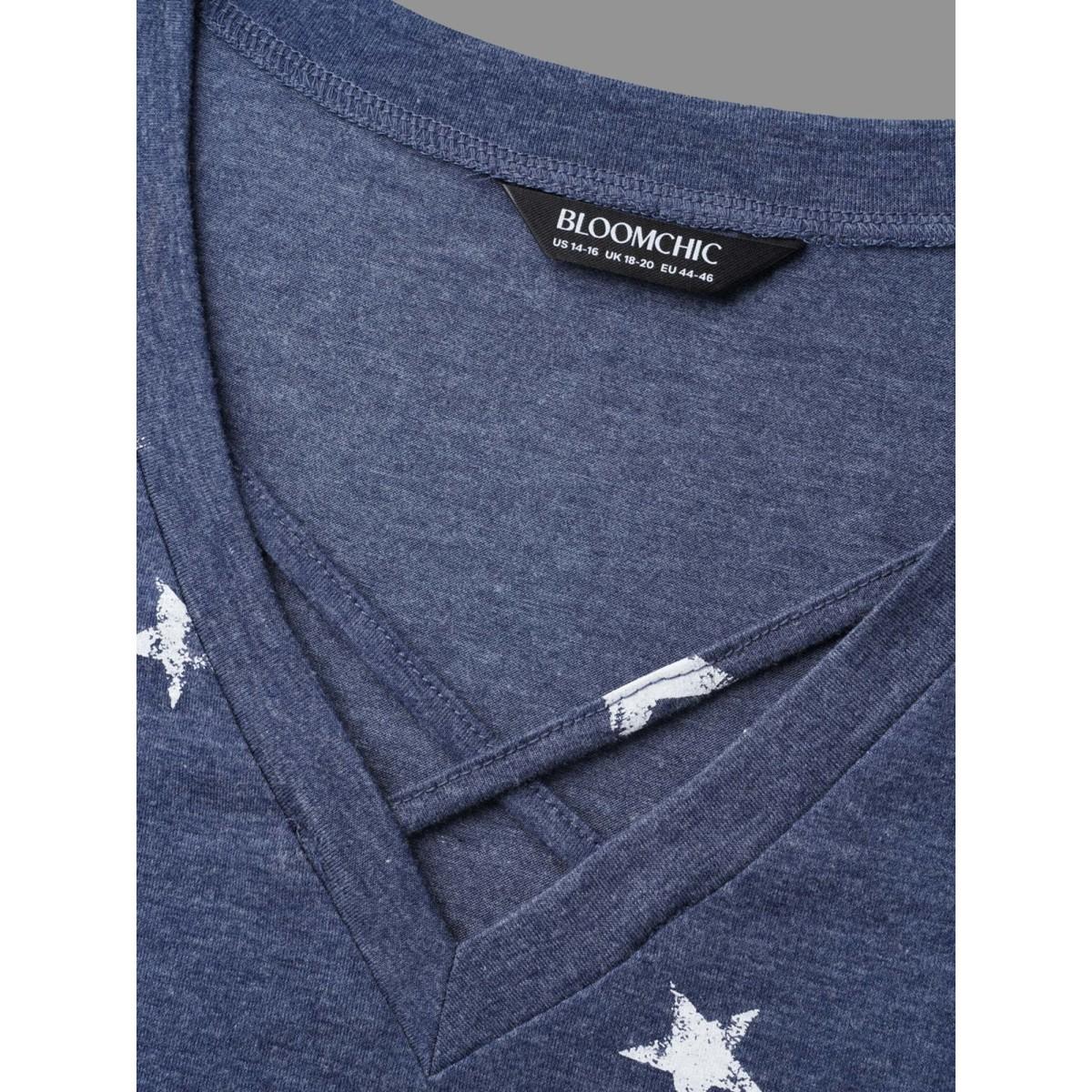Plus Size Star Print Crisscross Cut-Out T-Shirt Indigo Women Casual Cut-Out Star and moon V-neck Everyday T-shirts BloomChic 30/6X Product Image
