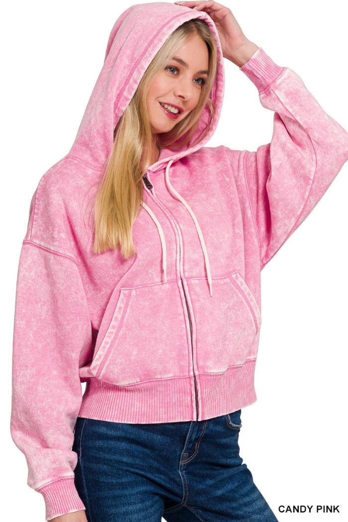 Acid wash fleece cropped zip-up hoodie w pockets Product Image