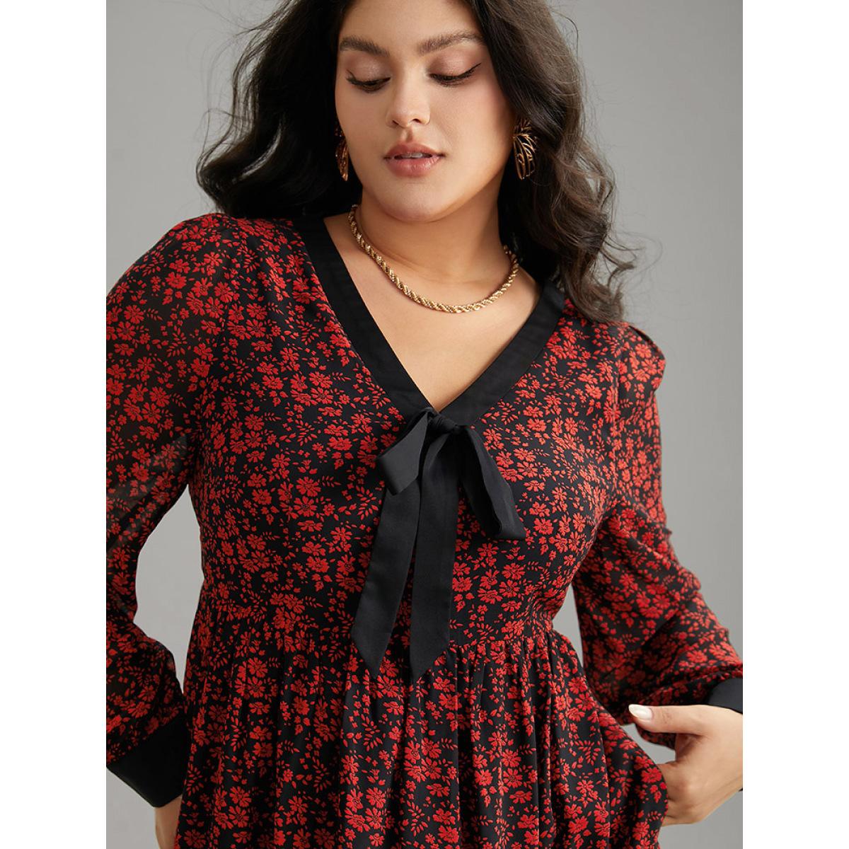 Plus Size Ditsy Floral Patchwork Elastic Waist Ties Dress Black Women Vacation Cross straps Tie Neck Long Sleeve Curvy Midi Dress BloomChic 28/5X Product Image