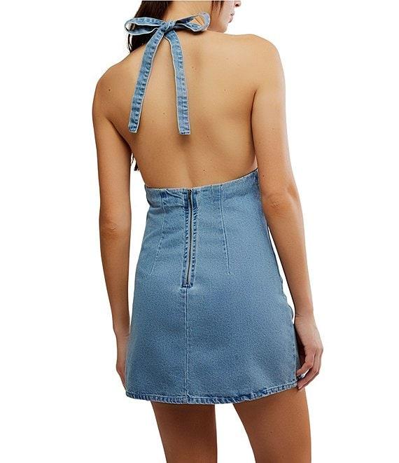 Free People Trevi Denim Sleeveless Plunging Halter Mini Dress Product Image