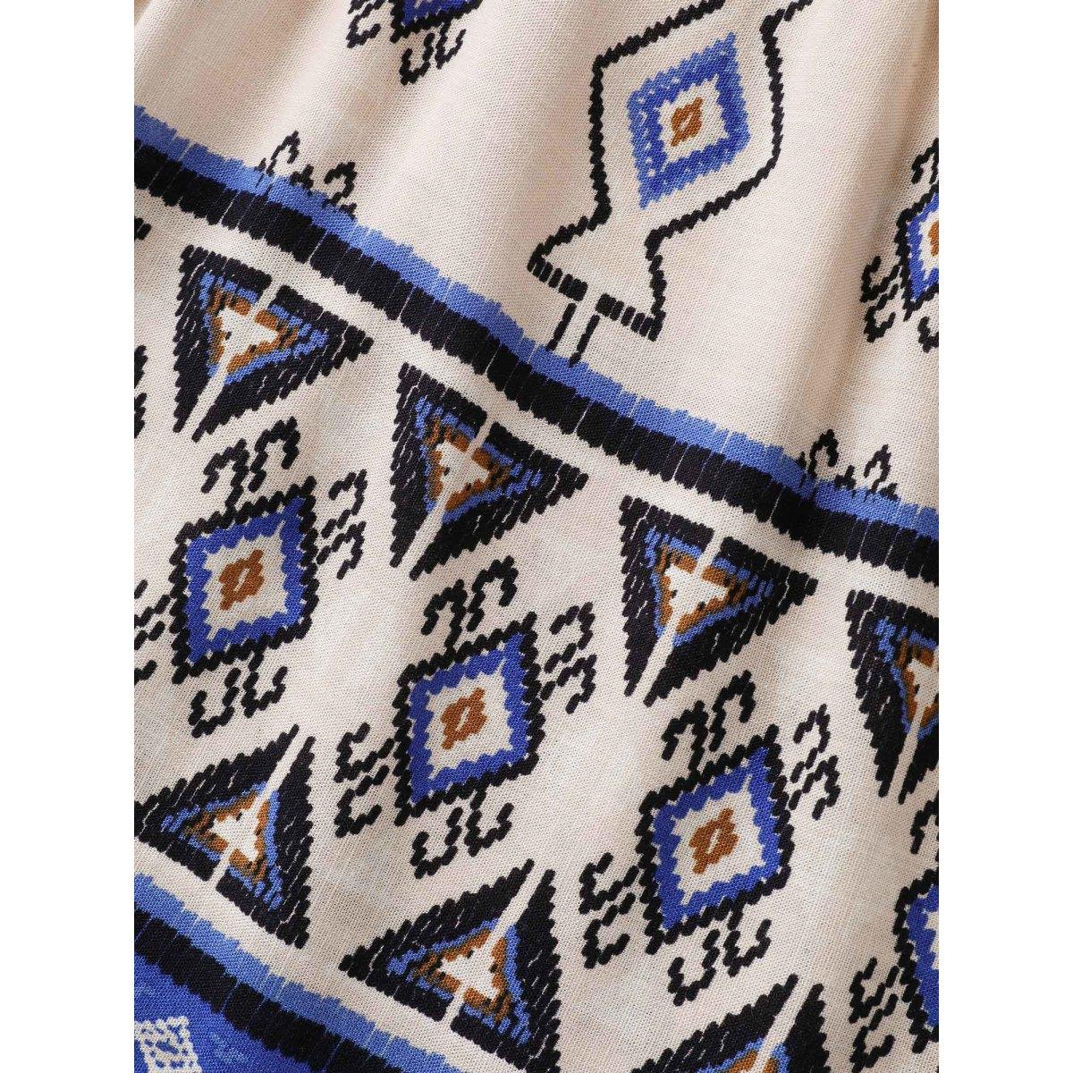 Plus Size Multicolor Boho Print Lace Detail Neck Tie Blouse Women Elbow-length sleeve Notched collar Vacation Blouses BloomChic 26/4X Product Image