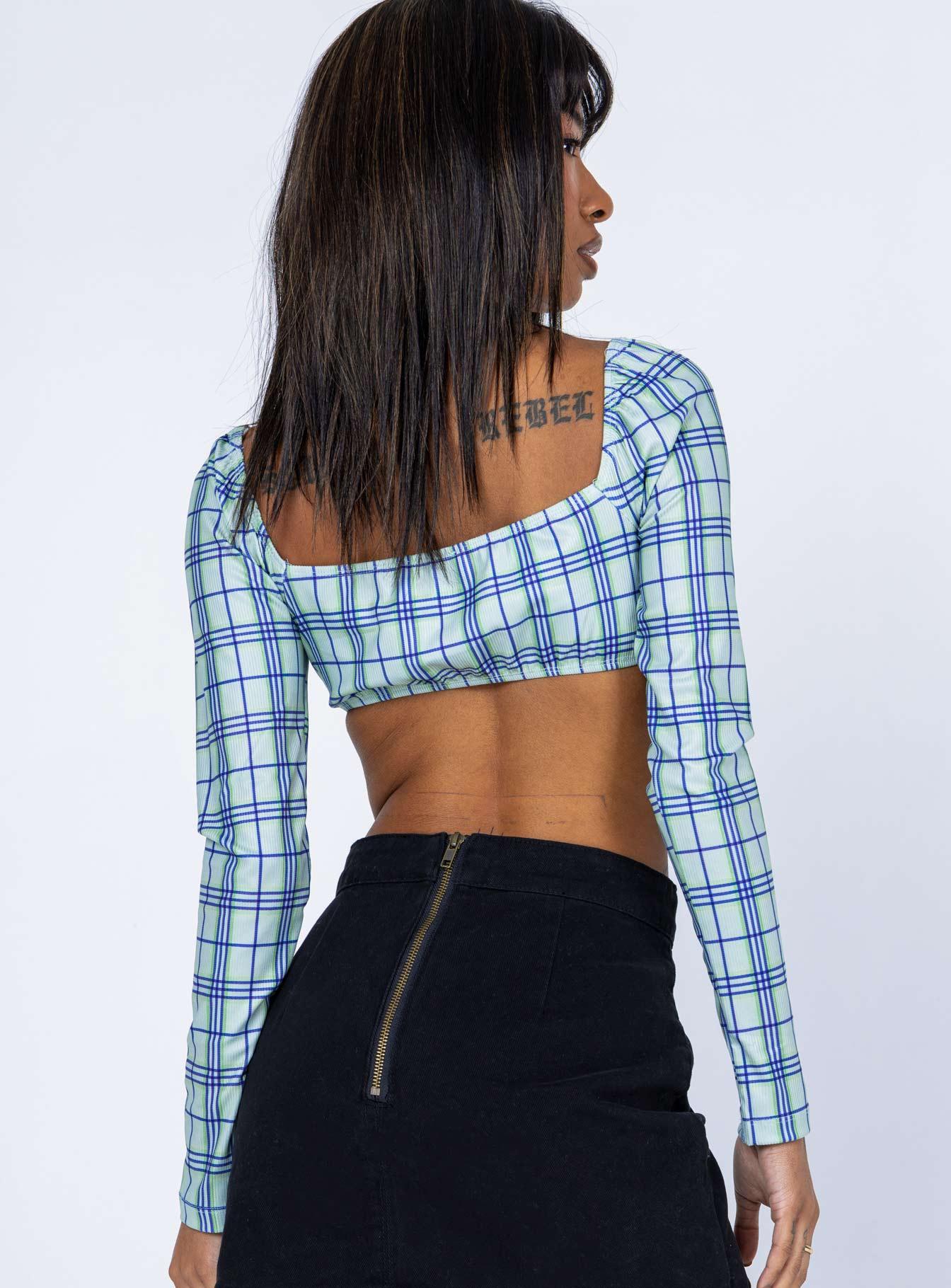 Becca Long Sleeve Crop Top Green Check Product Image