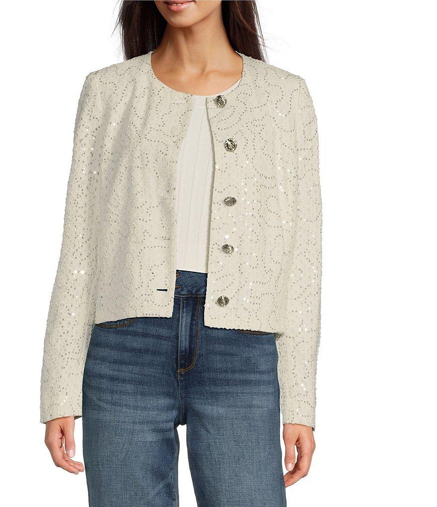 KARL LAGERFELD PARIS Sequin Round Neck Long Sleeve Button Front Jacket Product Image