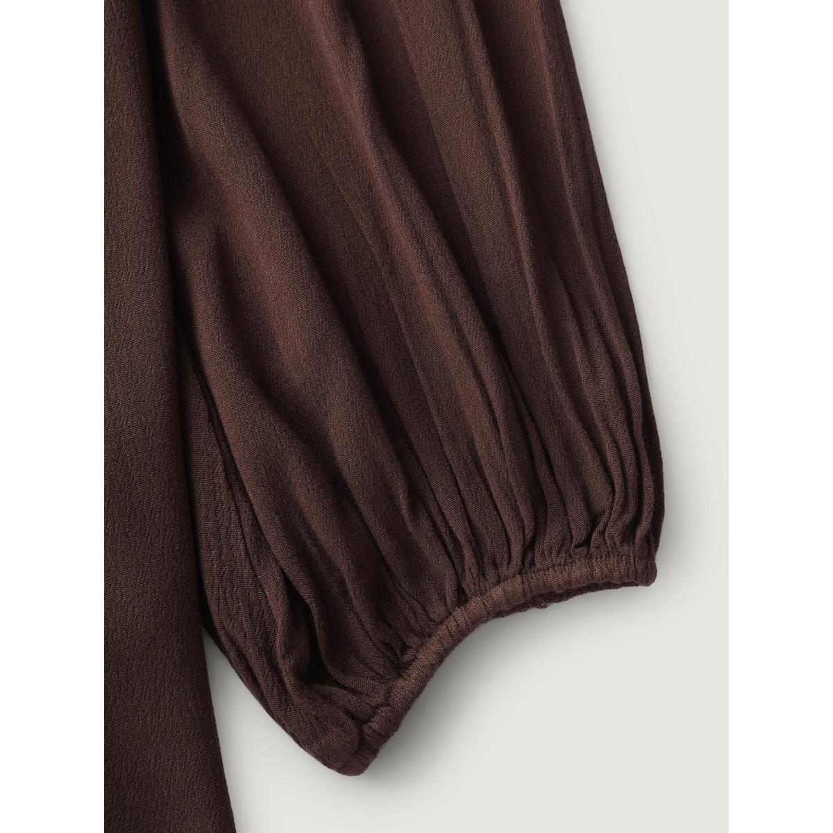 Plus Size DarkBrown Pure Cotton Lace Trim Blouse Women Boho Long Sleeve Flat collar with V-notch Vacation Blouses BloomChic 30/6X Product Image