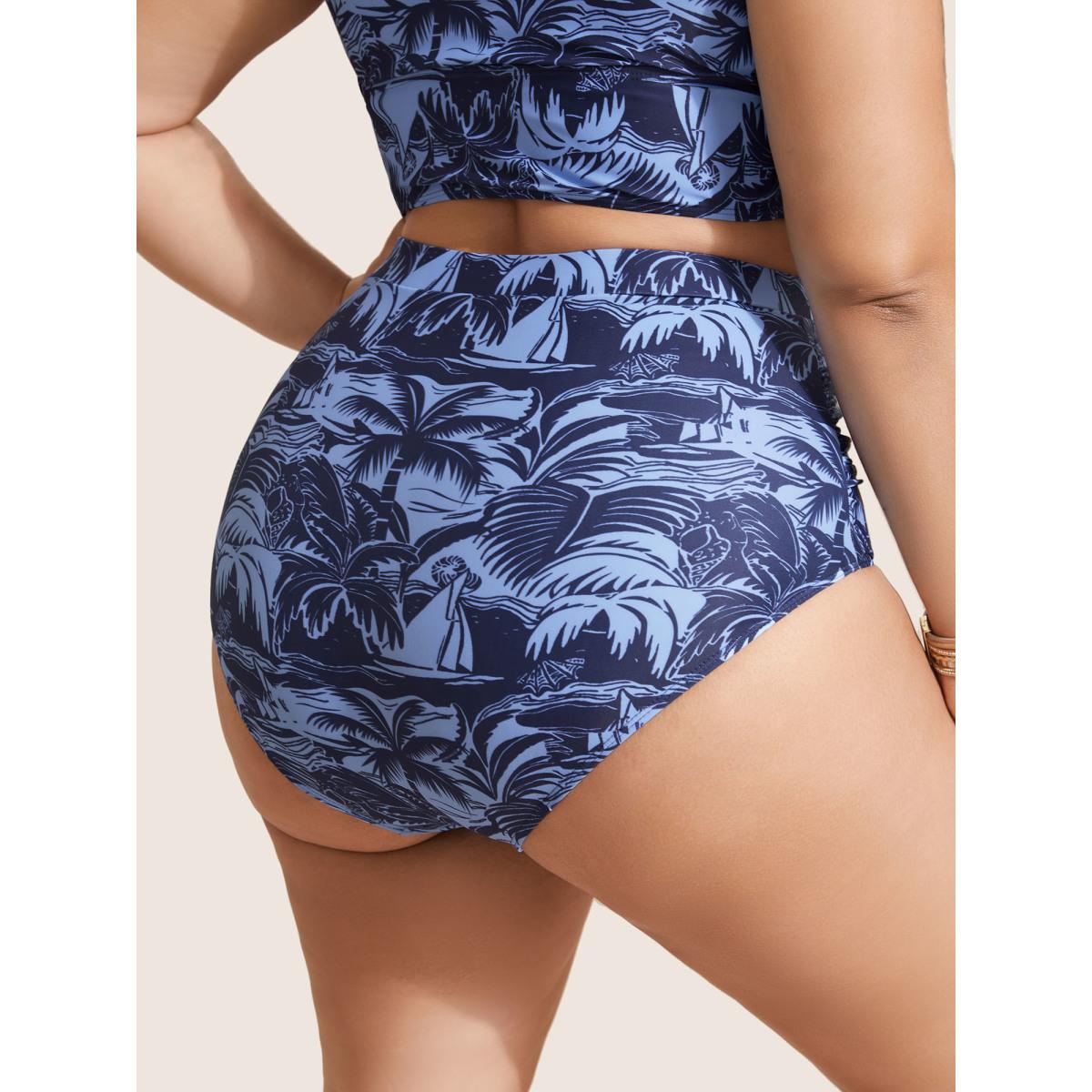 Plus Size Tropical Coconut Tree Print Ruched Swim Bottom Women's Swimwear Indigo Beach Gathered High stretch Skinny High Rise Curve Swim Bottoms BloomChic 18-20/2X Product Image