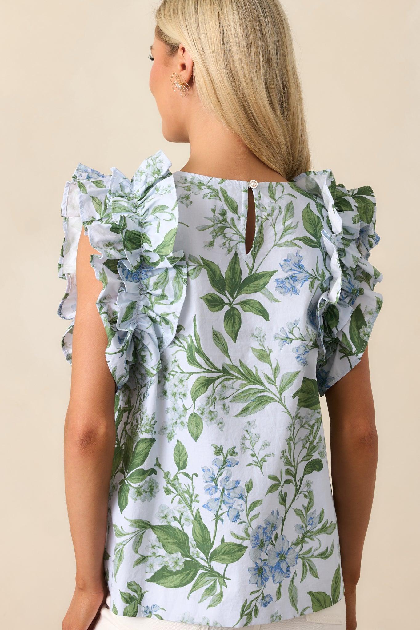 Charlotte Blue Lilacs Botanical Print Cotton Ruffle Top Product Image