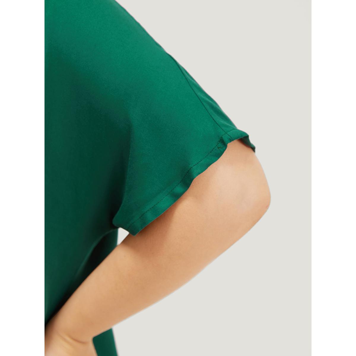Plus Size ArmyGreen Plain Plicated Detail Batwing Sleeve Curved Hem Blouse Women Office Short sleeve V-neck Office Blouses BloomChic 10/M Product Image
