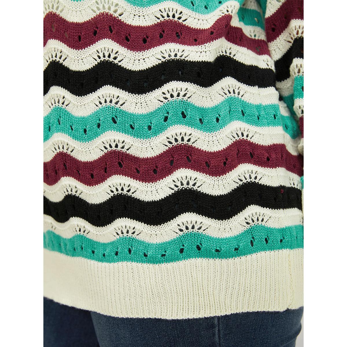 Plus Size Contrast Water Ripple Cut Out Elastic Cuffs Pullover Multicolor Women Casual Loose Long Sleeve Round Neck Dailywear Pullovers BloomChic 12/L Product Image