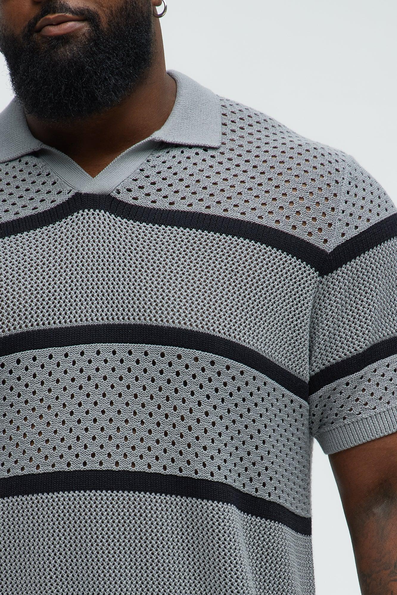 Mixed Texture Knitted Johnny Collar Shirt - Grey/combo Product Image