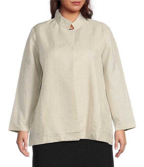 Eileen Fisher Plus Quilted Silk Stand Collar Long Sleeve Open Front Jacket Product Image
