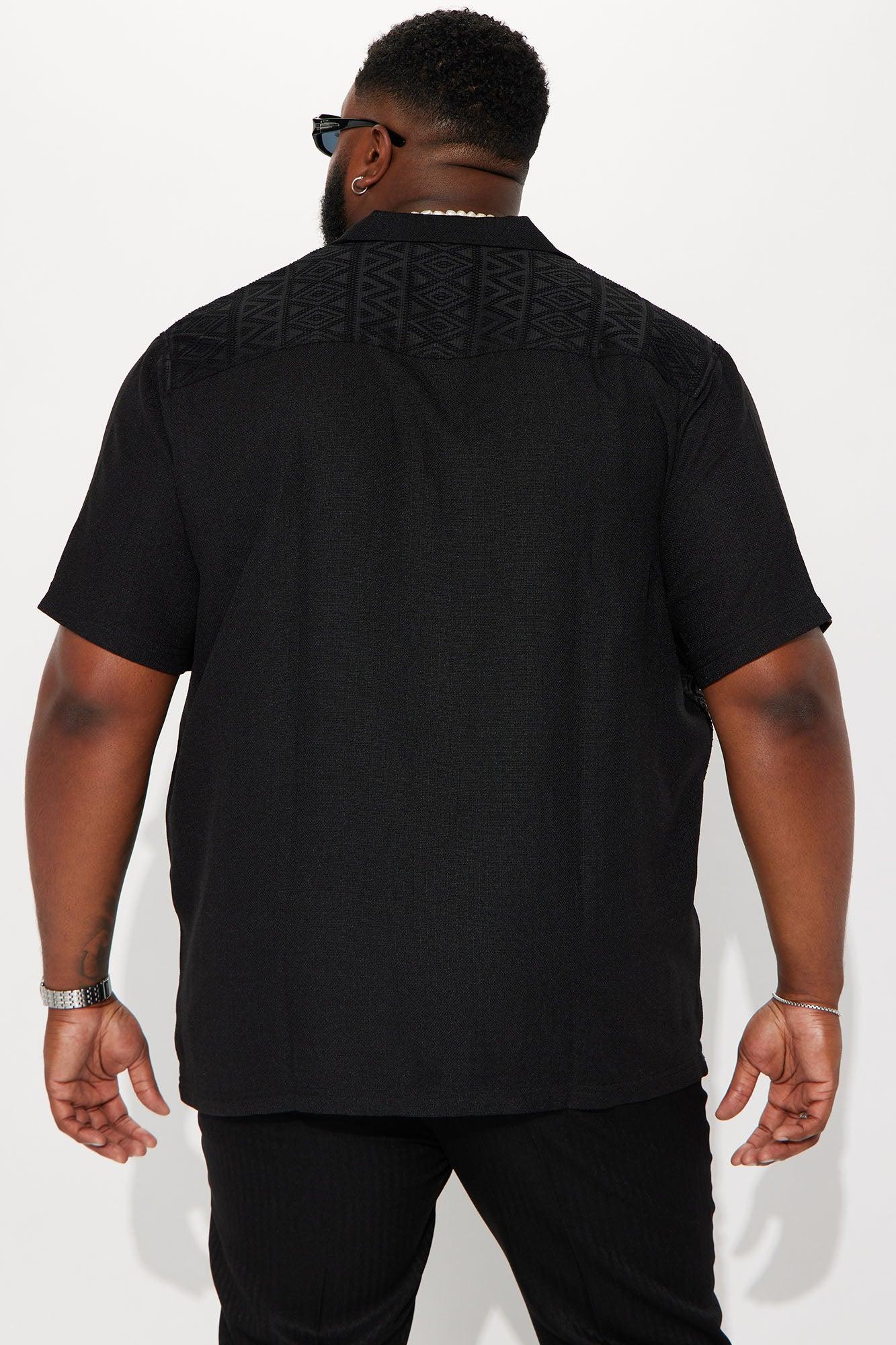 Half Crochet Pattern Short Sleeve Button Up Shirt - Black Product Image