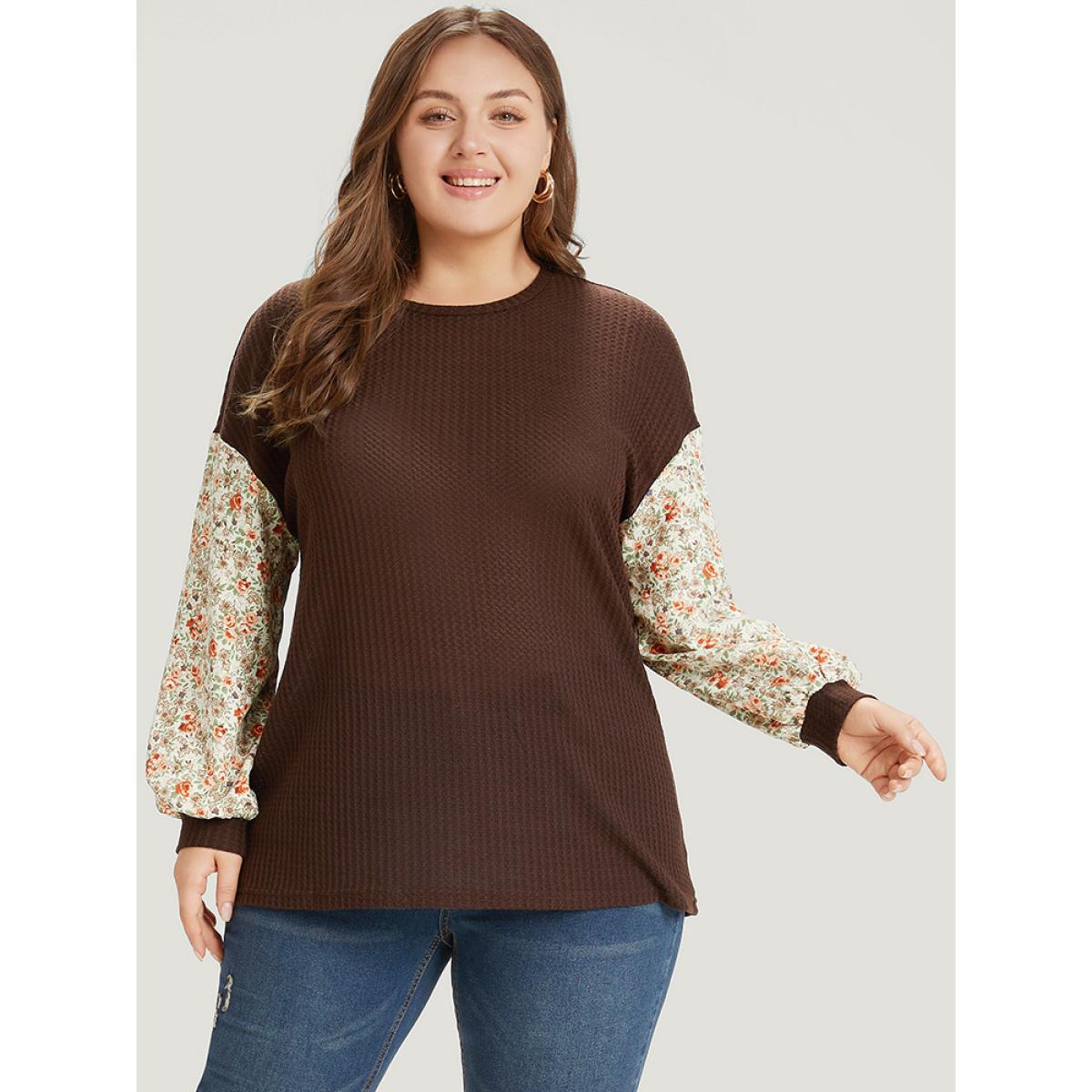 Plus Size Ditsy Floral Patchwork Lantern Sleeve Waffle Knit Sweatshirt Women DarkBrown Elegant Round Neck Dailywear Sweatshirts BloomChic 14-16/1X Product Image