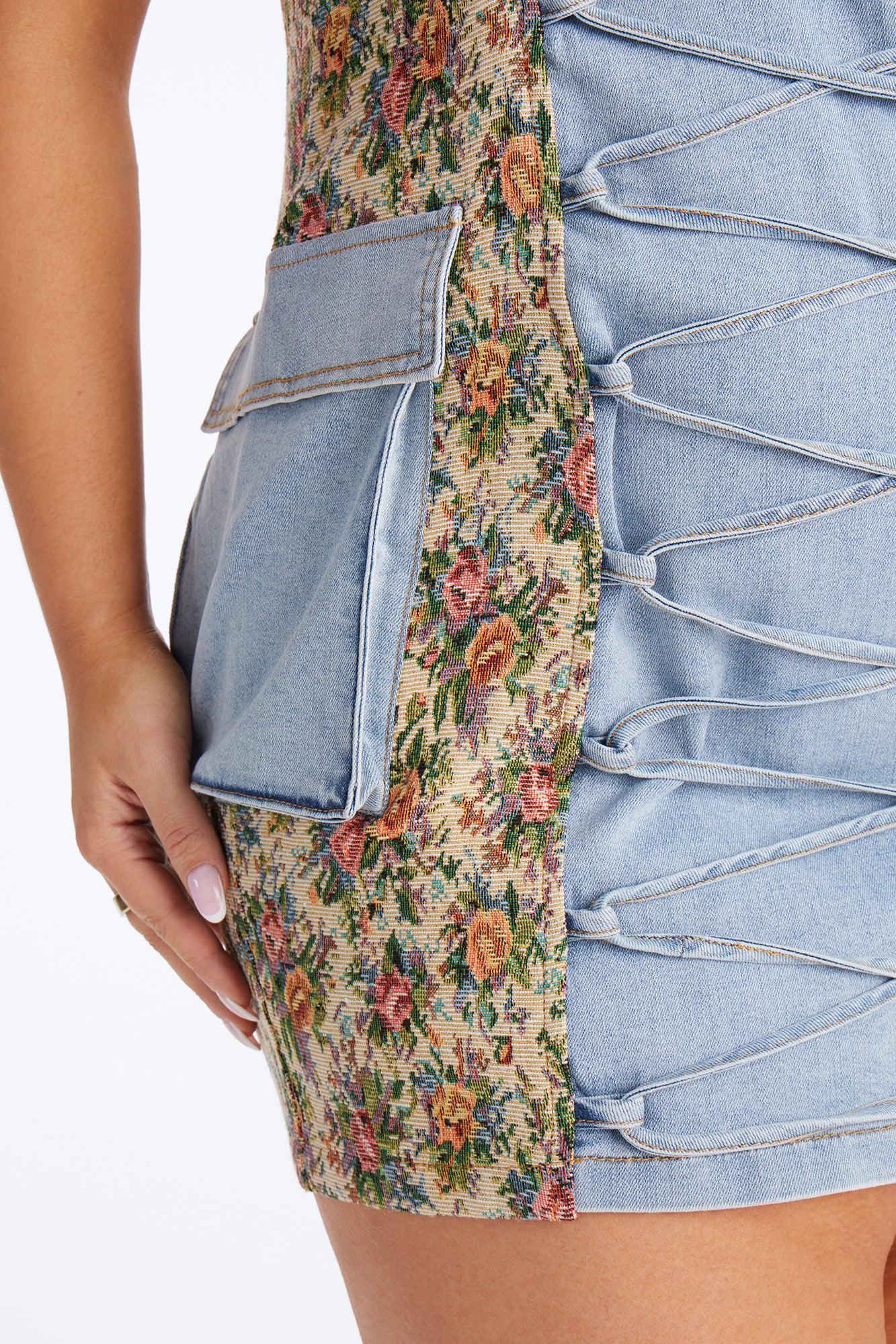 Belle Floral Stretch Denim Mini Dress - Denim Female Product Image