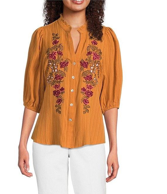 Calessa Petite Size Embroidered Floral Split V-Neck 3/4 Sleeve Button Front Tunic Product Image
