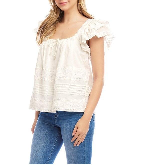 Karen Kane Embroidered Square Neck Short Ruffle Sleeve Blouse Product Image