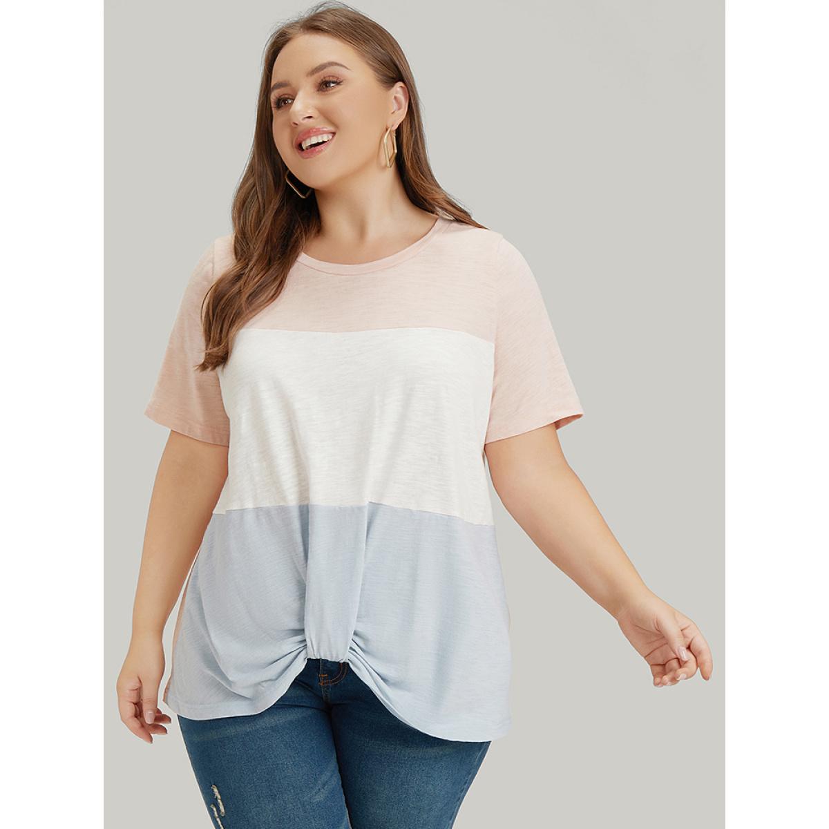 Plus Size Colorblock Contrast Heather Twist Hem T-shirt Multicolor Women Casual Heather Colorblock Round Neck Dailywear T-shirts BloomChic 12/L Product Image