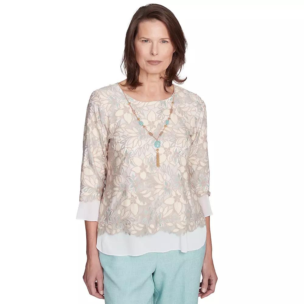 Petite Alfred Dunner Floral Lace Woven Trim Top with Necklace, Women's,  Product Image