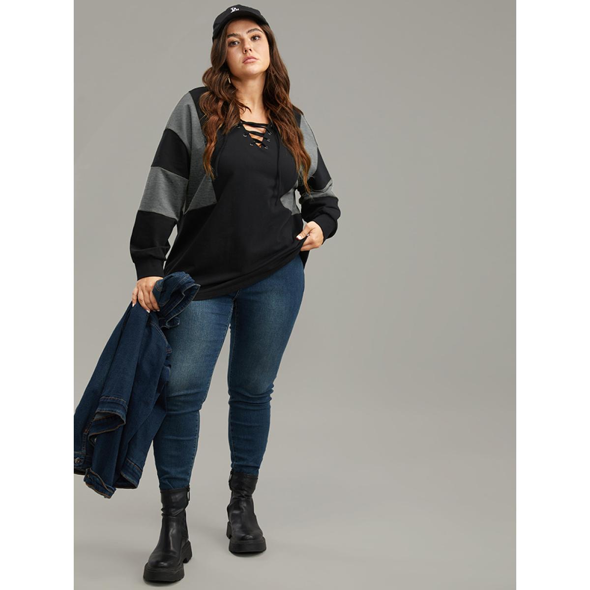 Plus Size Cotton Colorblock Contrast Lace Up Sweatshirt Women Gray Casual Elastic cuffs V-neck Dailywear Sweatshirts BloomChic 28/5X Product Image