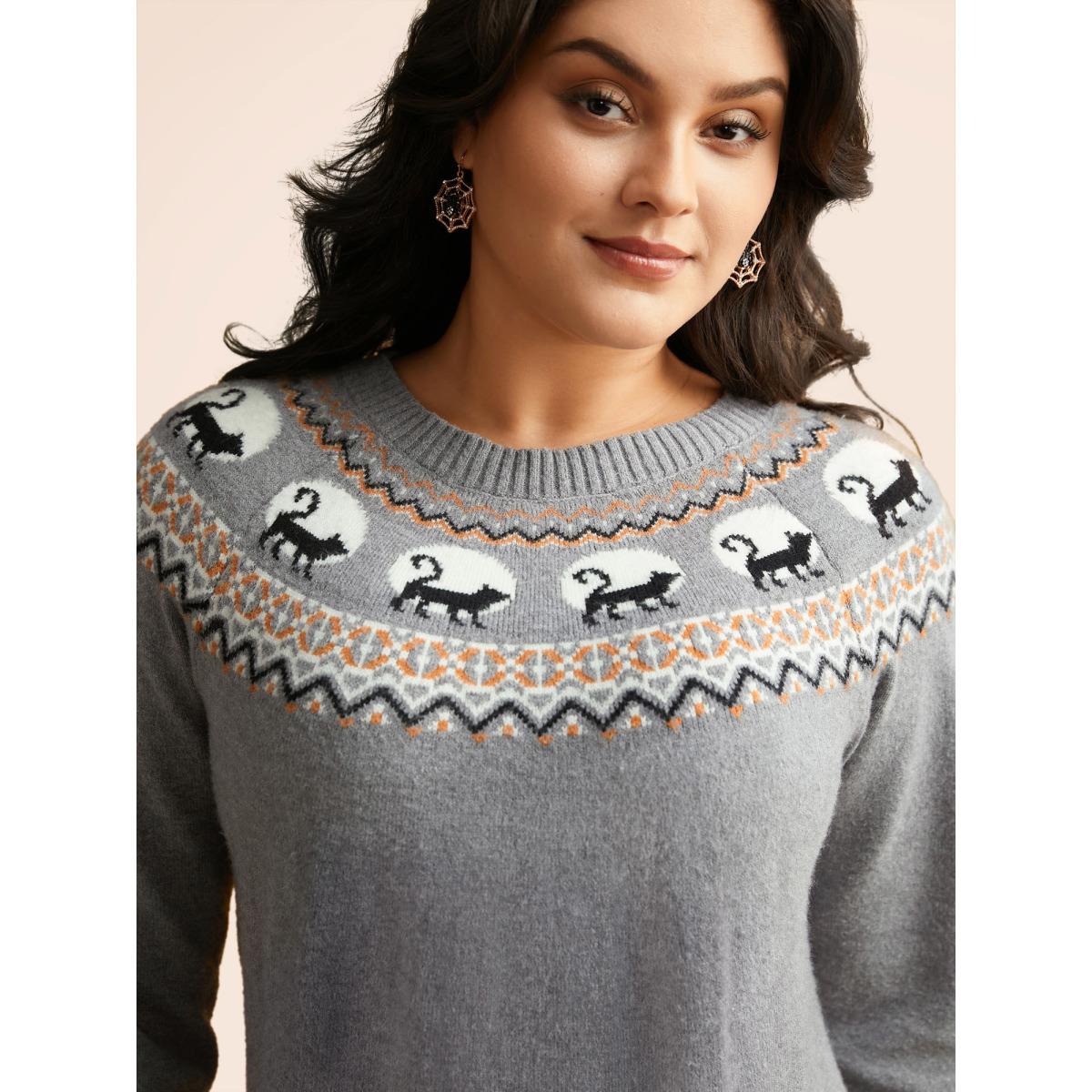 Plus Size Supersoft Essentials Wicked Cat Fair Isle Yoke Printed Pullover DarkGray Women Leisure Long Sleeve Round Neck Casual Pullovers BloomChic 26/4X Product Image