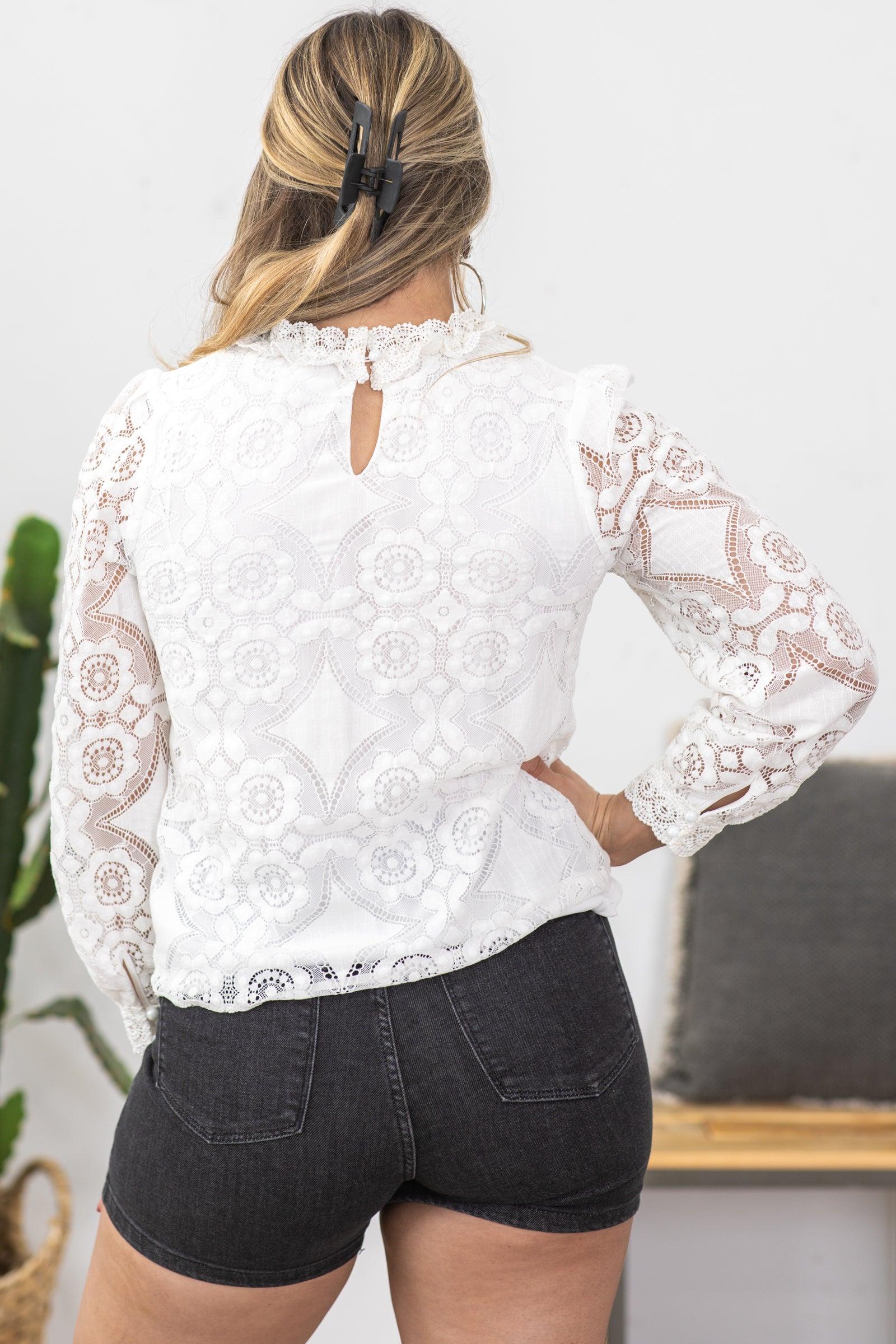 Off White Lace Mock Neck Woven Top Product Image