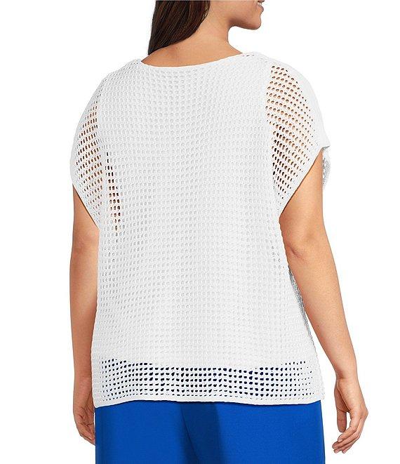 Investments Plus Size Short Sleeve Crew Neck Open Stitch Top Product Image