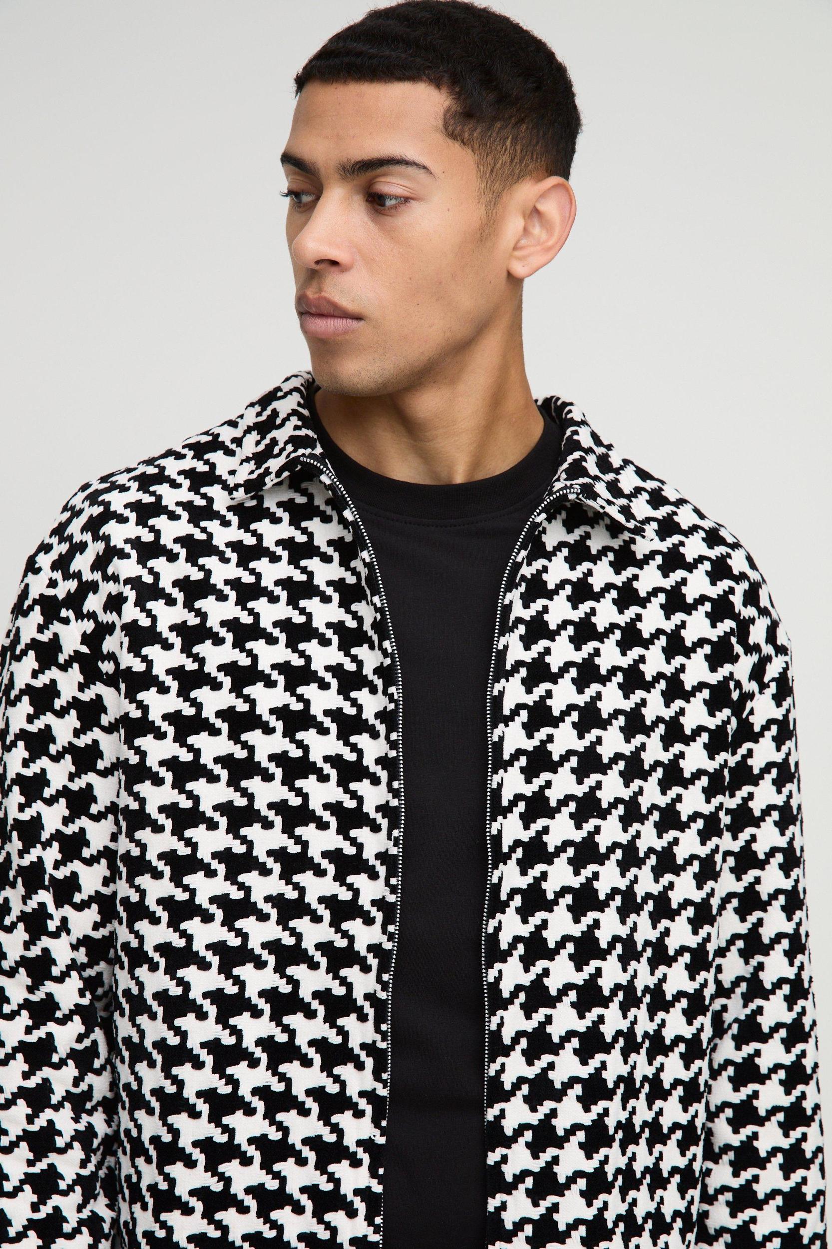 Oversized Heavyweight Houndstooth Zip Up Shirt Jacket | boohooMAN USA Product Image