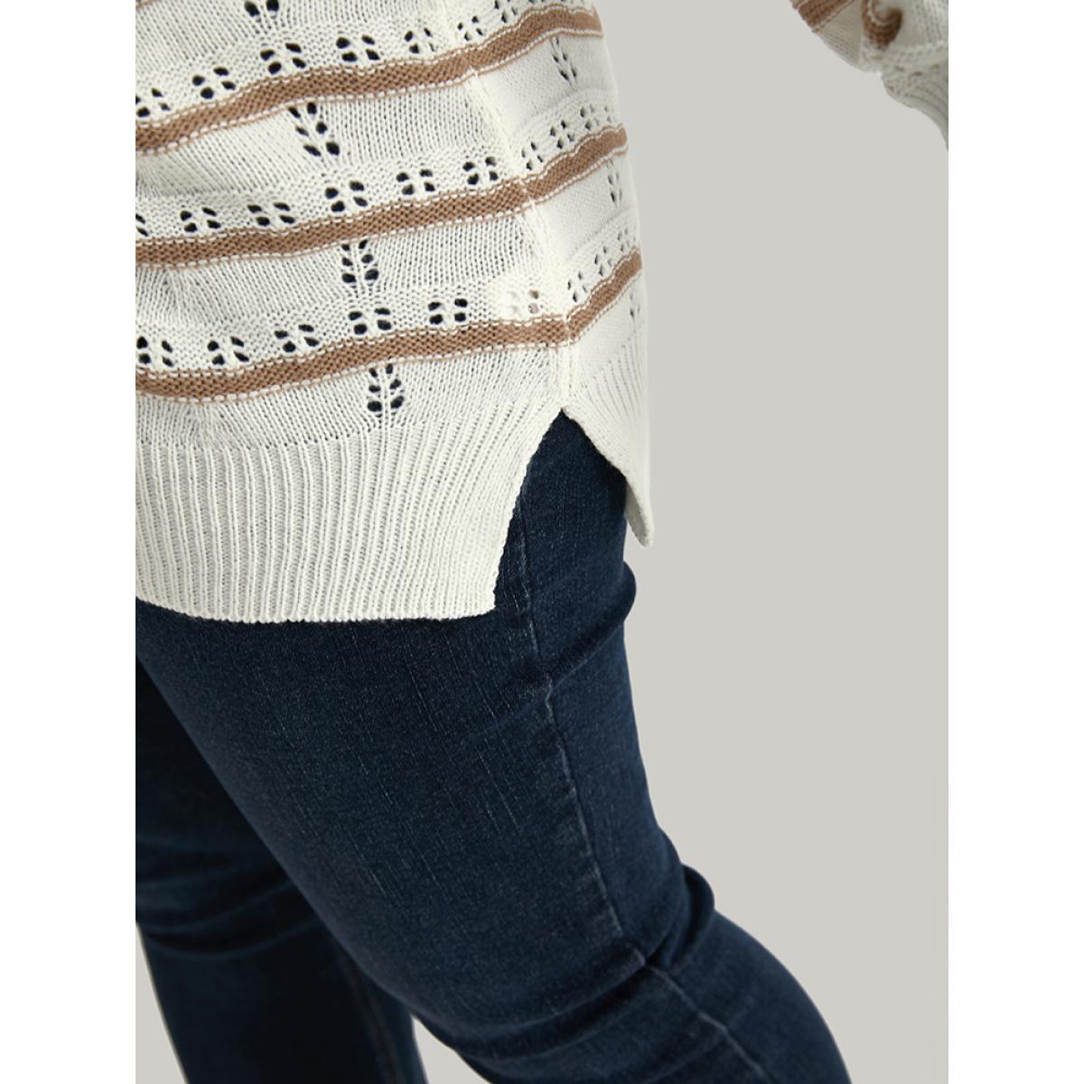Plus Size Wave Striped Cut Out V Neck Cardigan Beige Women Casual Bodycon Long Sleeve V-neck Dailywear Pullovers BloomChic 28/5X Product Image